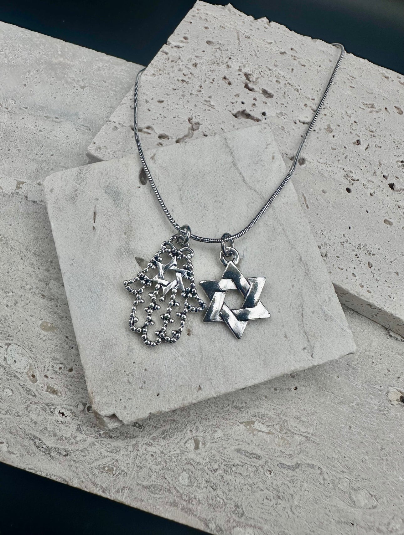 Silver Hamsa with Star of David Charm Necklace , 40 + 5 cm chain 0.9mm