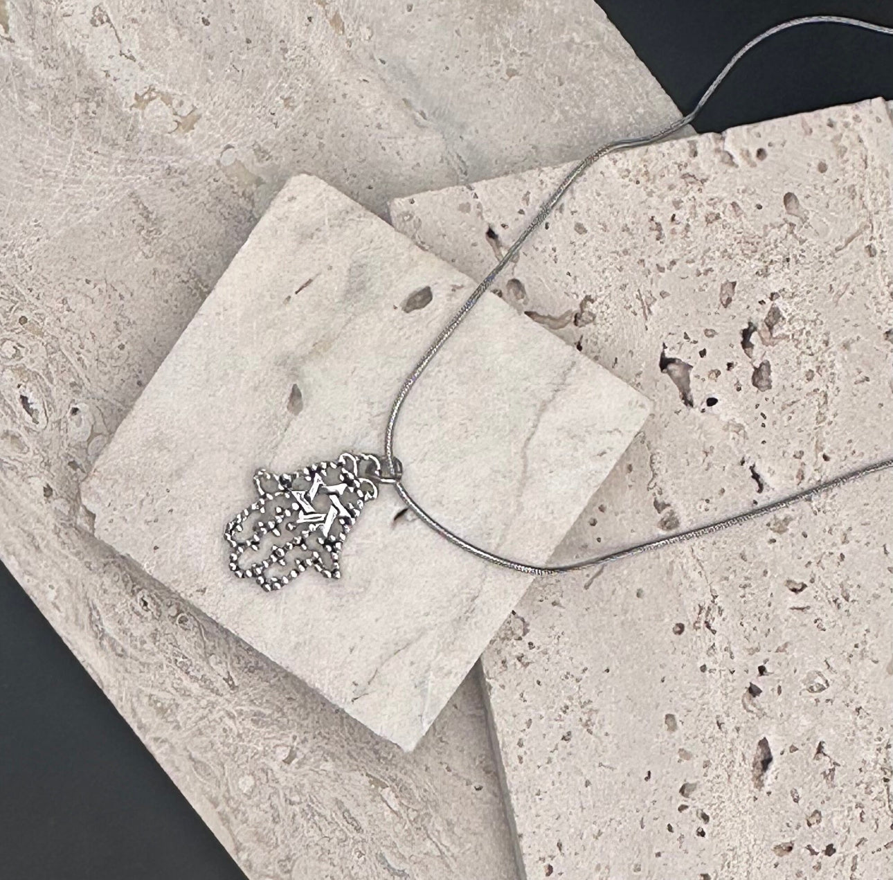 Silver Hamsa with Star of David Charm Necklace , 40 + 5 cm chain 0.9mm