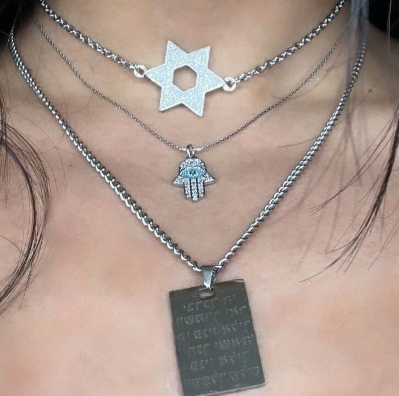 Silver Diamond Hamsa Charm Necklace Choker , 14’ Chain