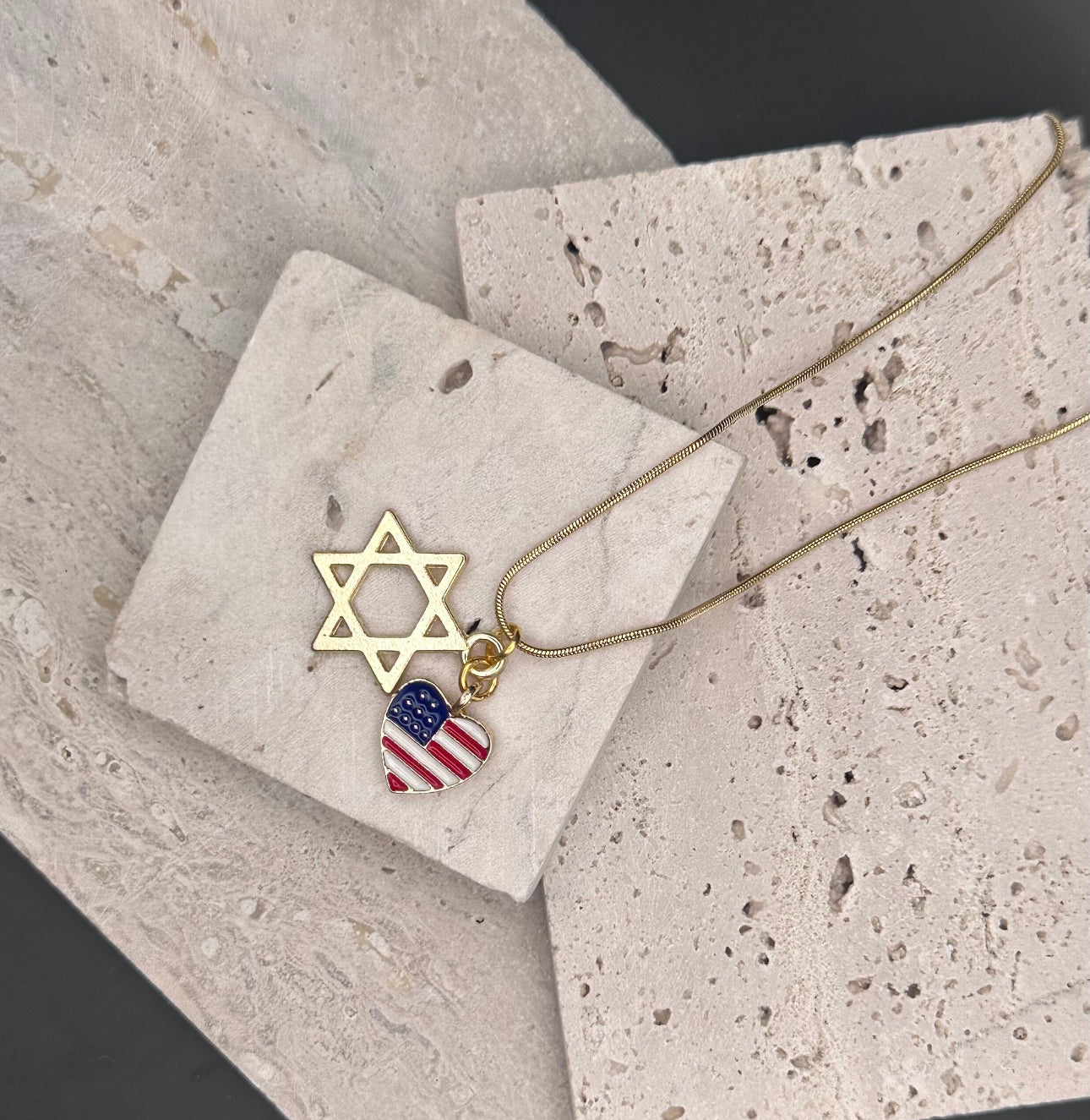 Gold Magen David Star of David and American Flag Heart Charm Necklace , 13.8’ 35cm 0.9mm Chain