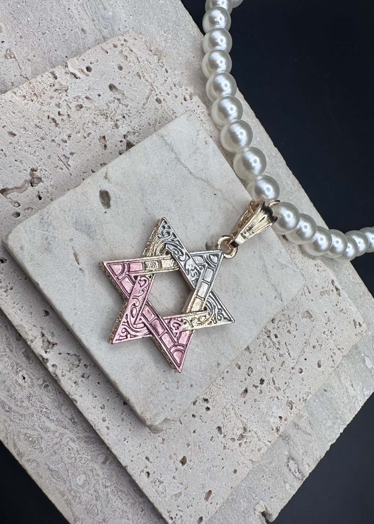 Gold Pink and Blue Magen David Star of David Pearl Necklace 18K Gold Plated