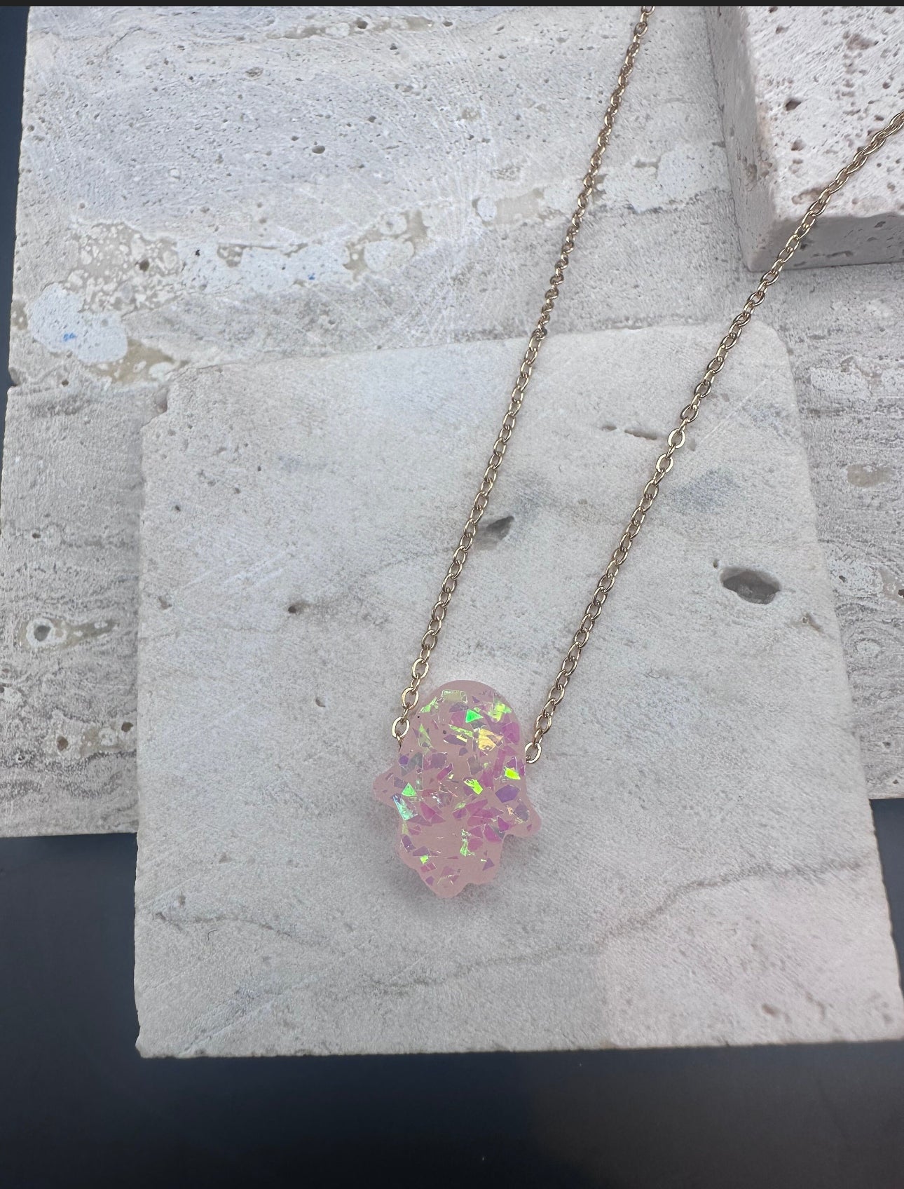 Pink Hamsa Necklace Gold