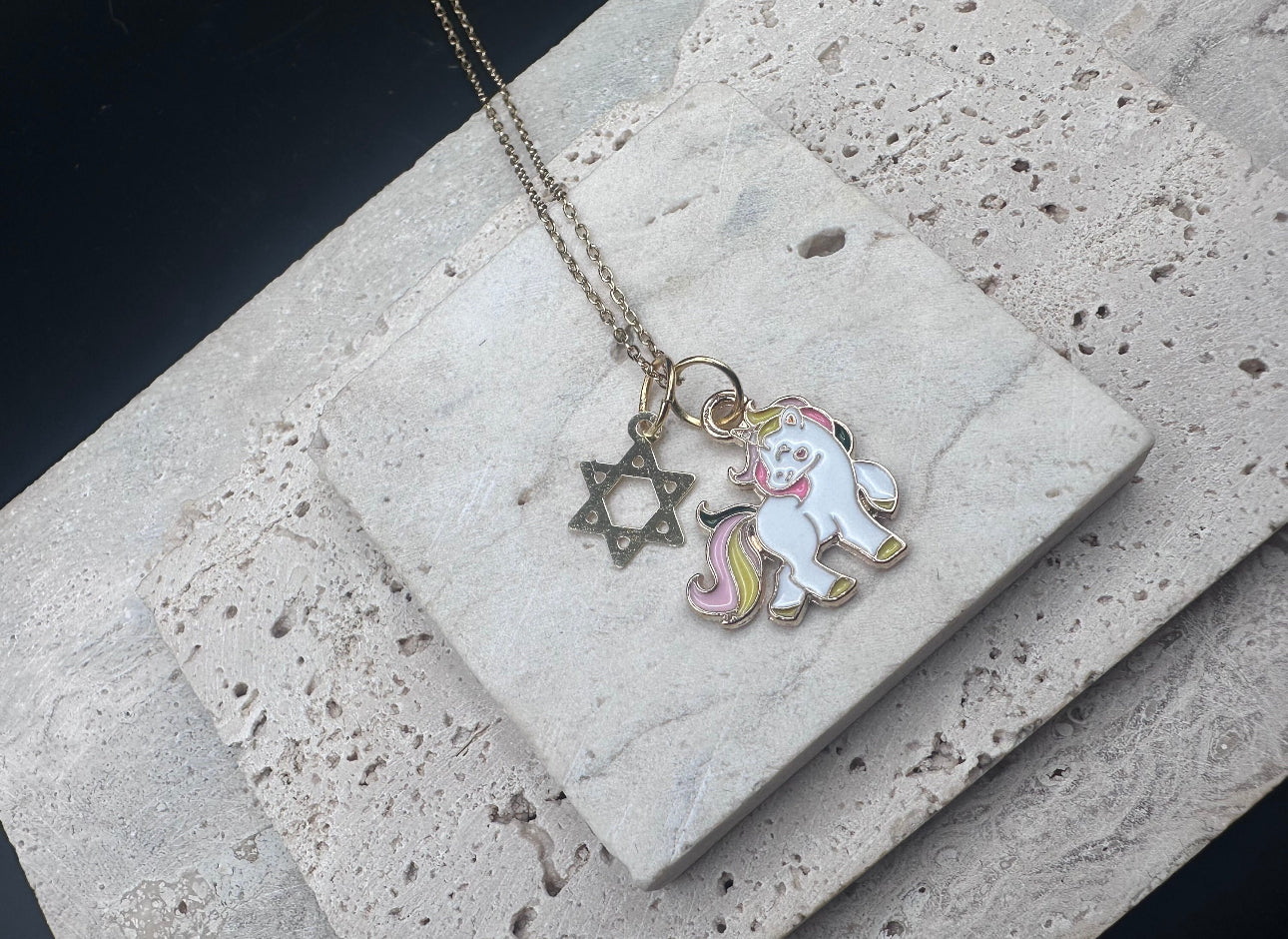 Gold Rainbow Unicorn Magen David Star of David Kids Necklace / Choker , adjustable length chain