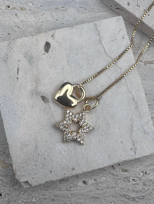 Gold Diamond Magen David Star of David and Gold Heart Lock Charm Necklace , length adjustable chain