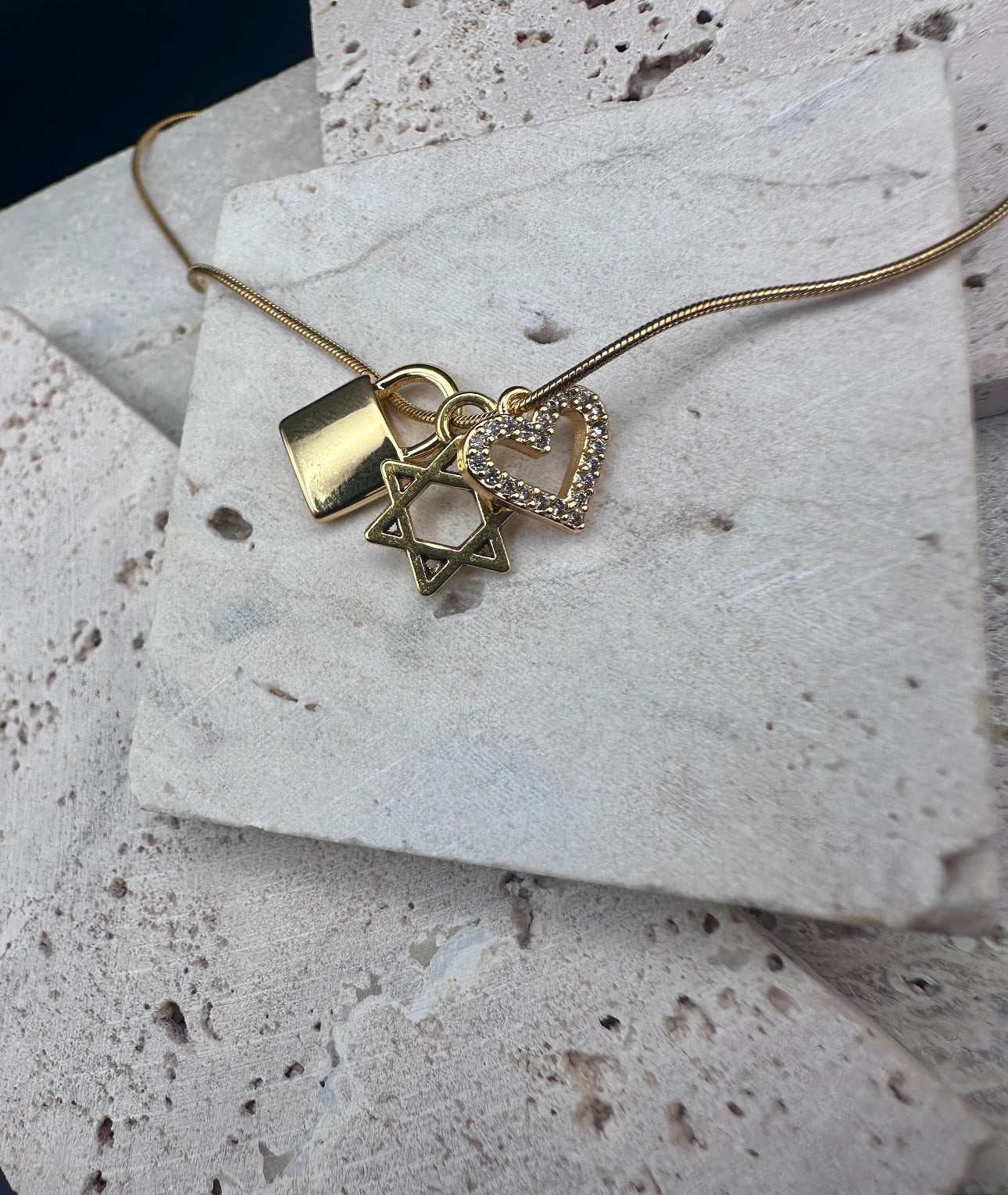 Gold Magen David Star of David , Diamond Heart and Lock Charm Necklace / Choker , length adjustable chain