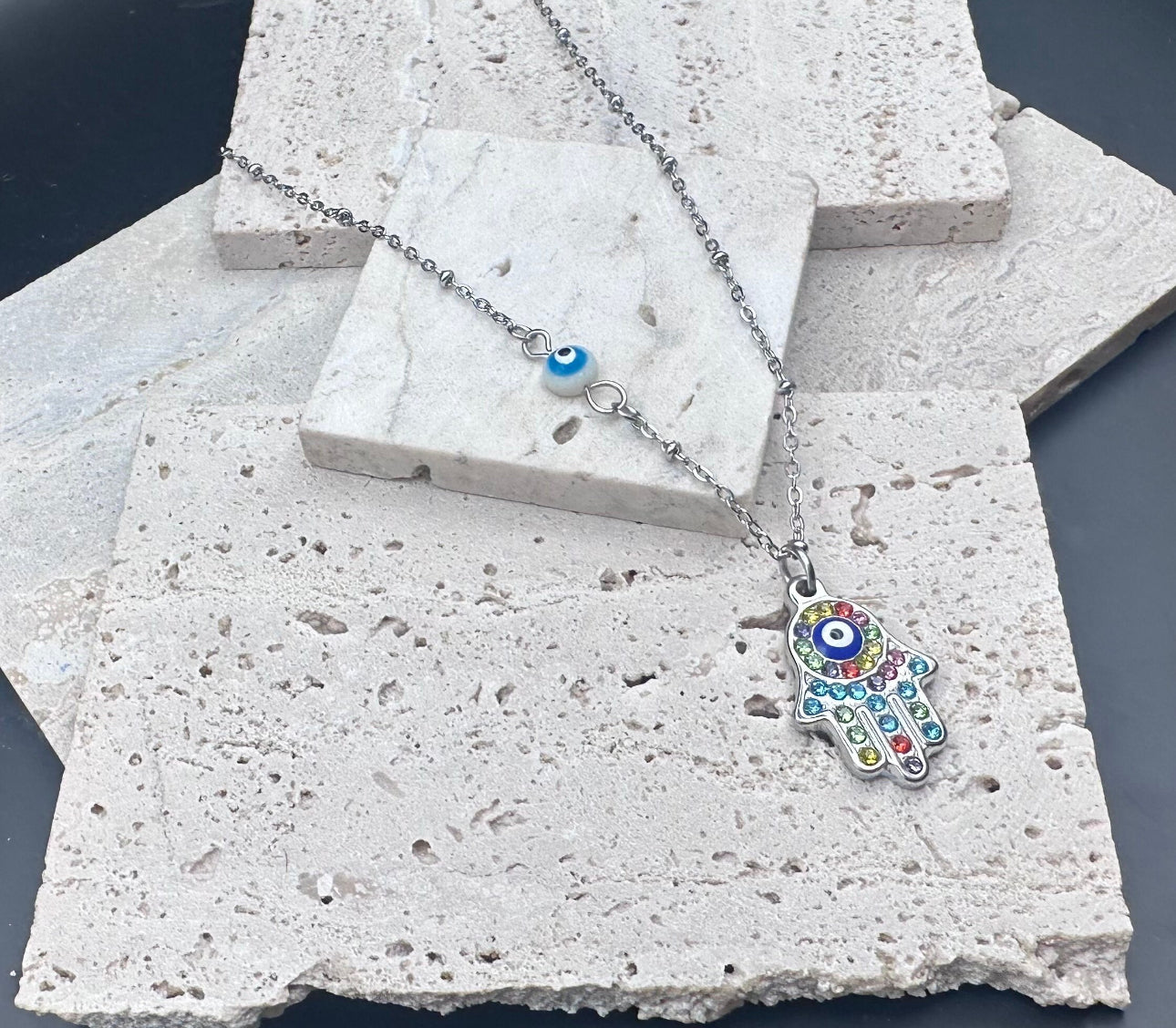 Zircon Evil Eye Hamsa Pendant Necklace For Women Stainless Steel Silver