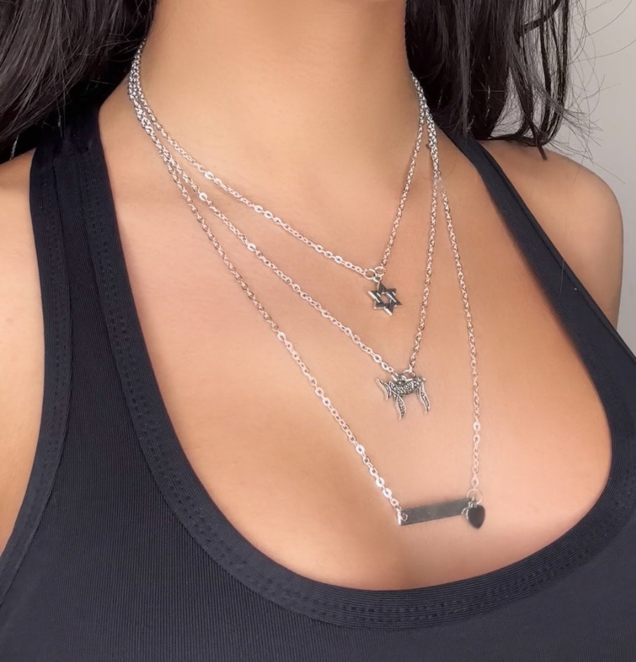 Triple Layer Silver Magen David Star of David , Hai / Chai , and Heart Pendants Necklace