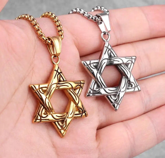 Stainless Steel Necklace Star of David for Men Gold 60 cm length