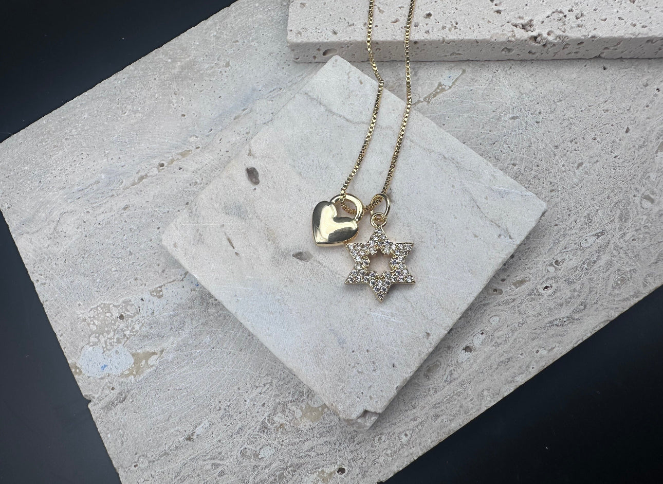 Gold Diamond Magen David Star of David and Gold Heart Lock Charm Necklace , length adjustable chain