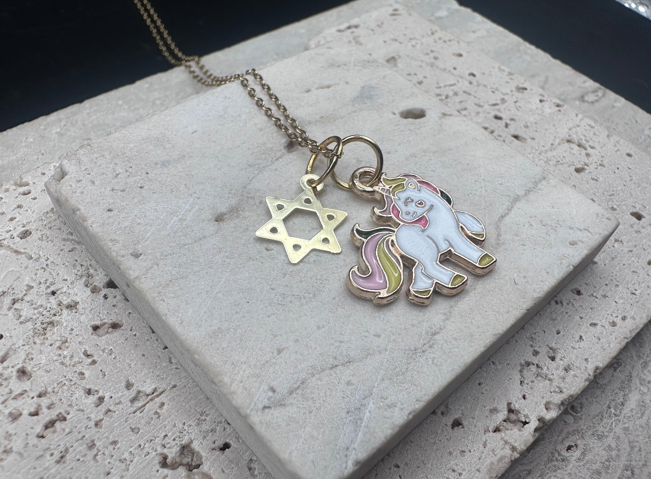 Gold Rainbow Unicorn Magen David Star of David Kids Necklace / Choker , adjustable length chain