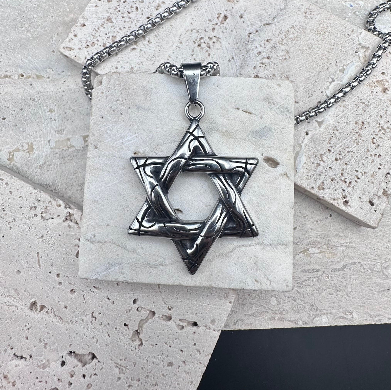 Stainless Steel Necklace Star of David for Men Silver 60 cm length