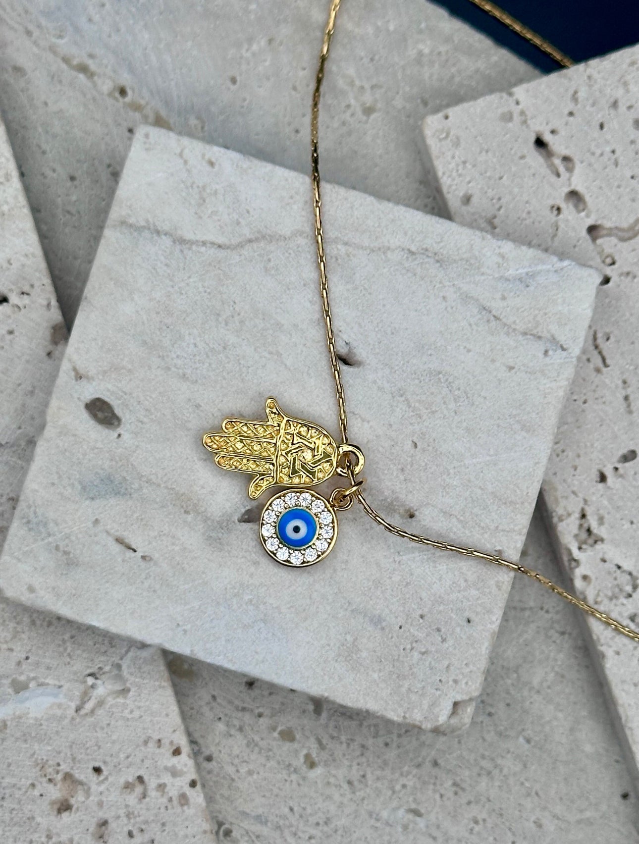 Gold Hamsa with Star of David and Gold, Diamond Evil Eye Charm Necklace / Choker , length adjustable chain