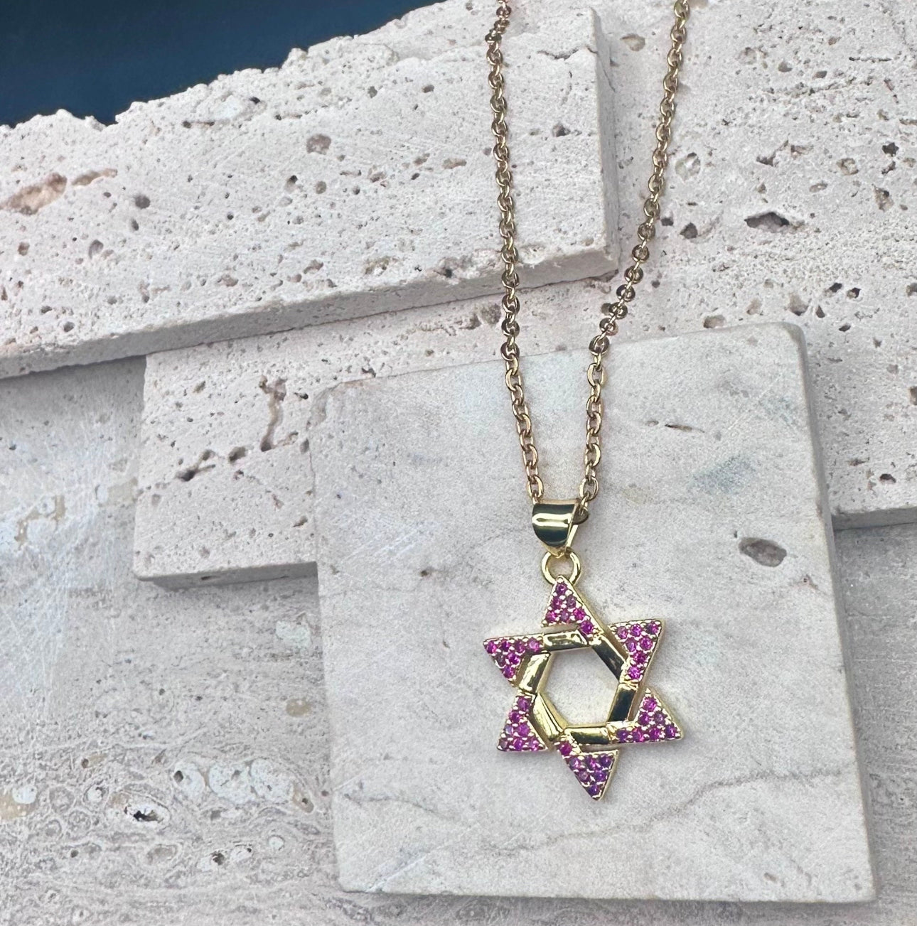 Gold, Pink Crystal Star of David Necklace