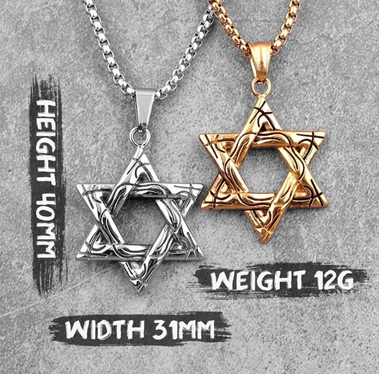 Stainless Steel Necklace Star of David for Men Gold 60 cm length