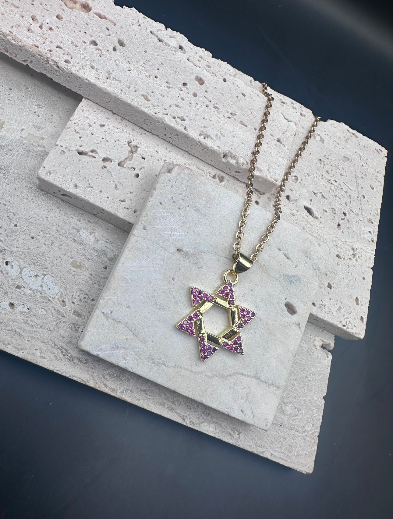 Gold, Pink Crystal Star of David Necklace