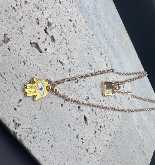 Gold Double Layer Hamsa and Lock Charm Necklace