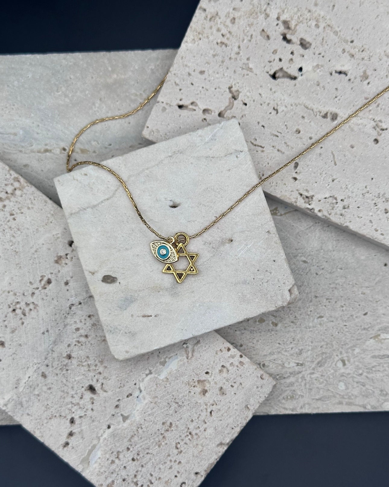 Gold Magen David Star of David and Gold Evil Eye Charm Necklace / Choker , length adjustable chain