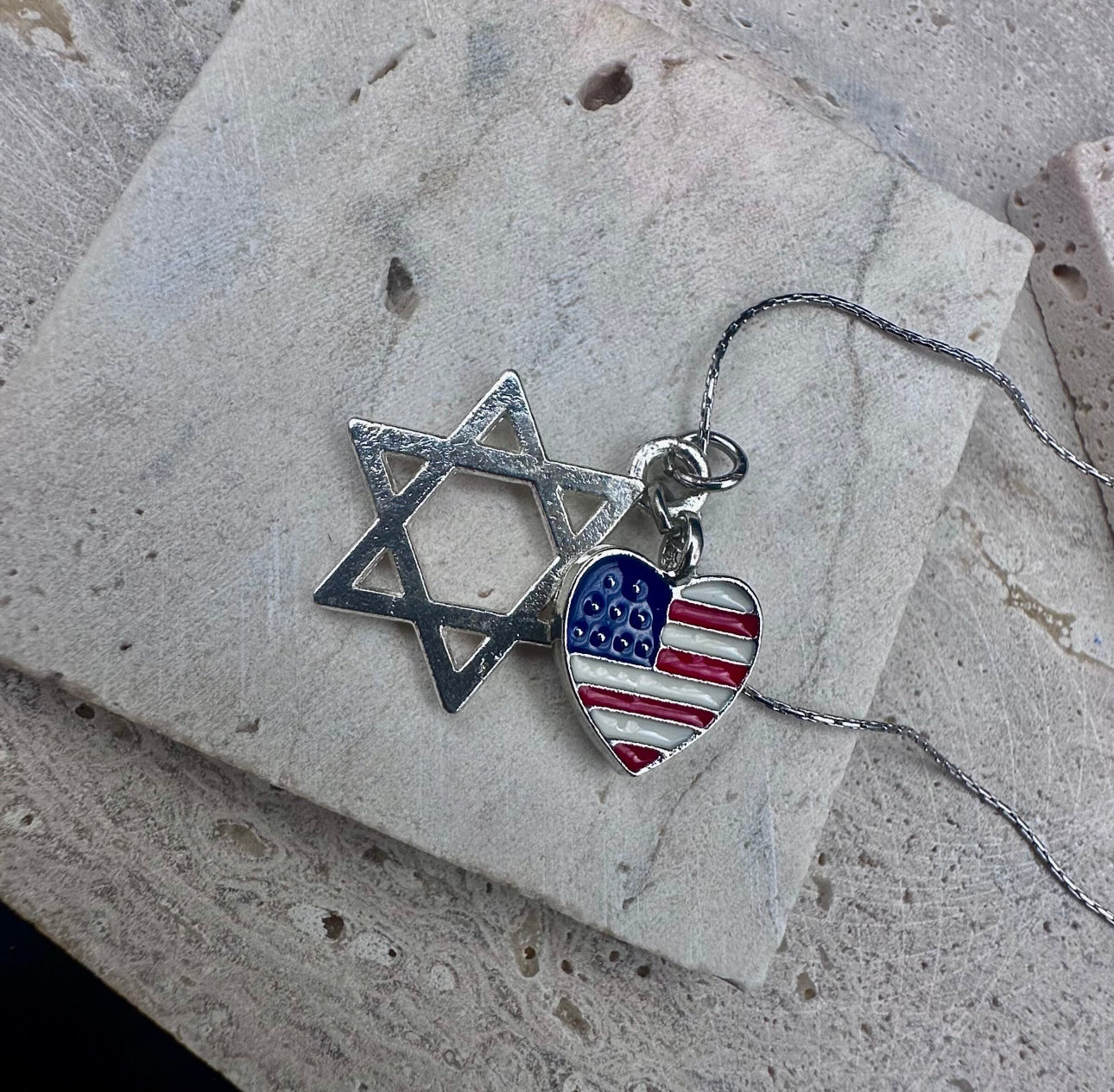 Silver Magen David Star of David and American Flag Heart Charm Necklace , 16’ 0.6mm Chain