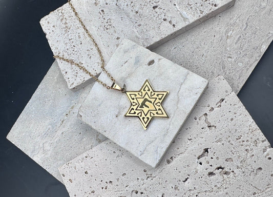 Star of David Chai Hai Pendant Necklace Stainless Steel Gold Color Israel Jewish Judaism