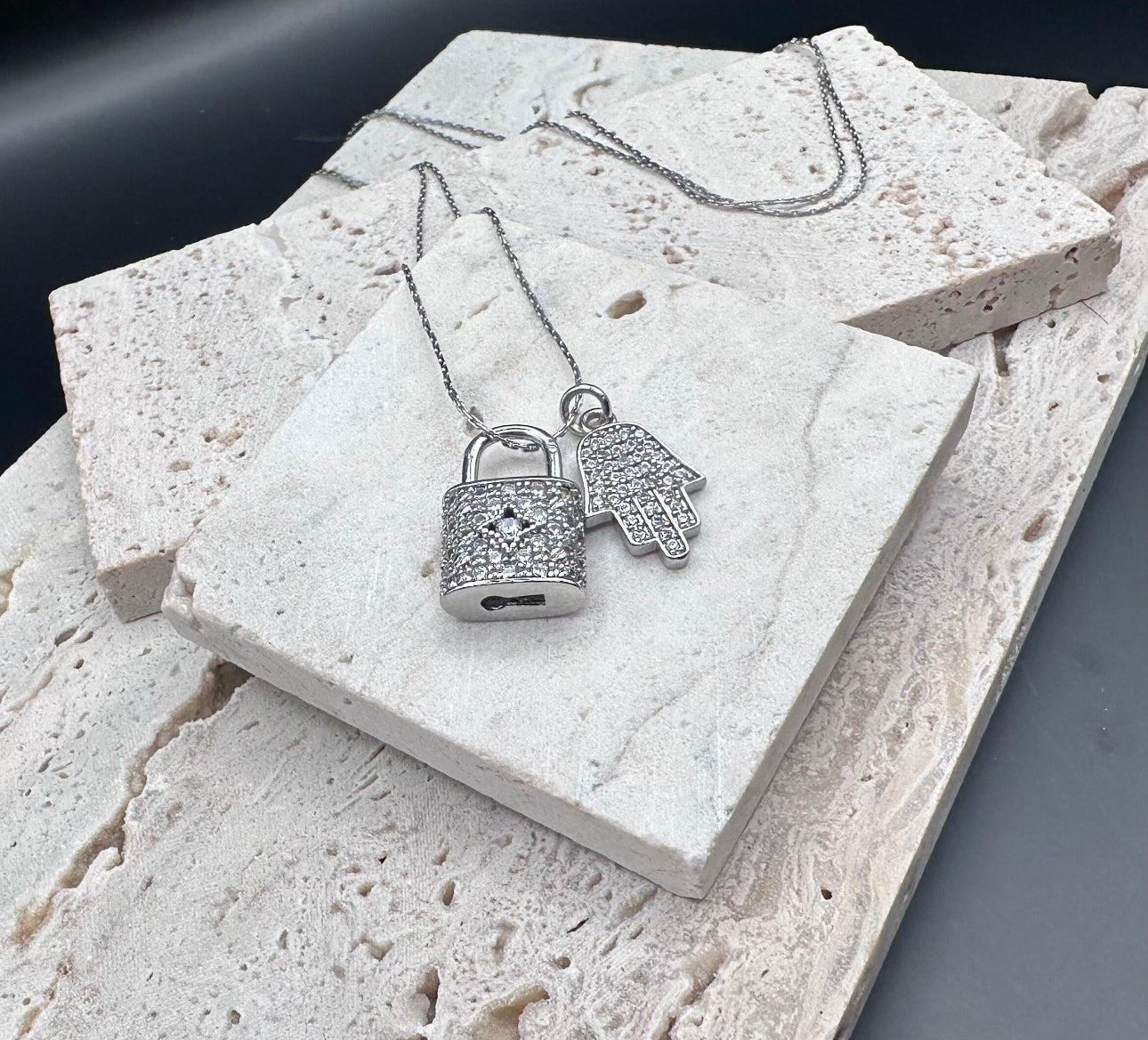 Silver Diamond Lock and Hamsa Charm Necklace , 20’ Chain