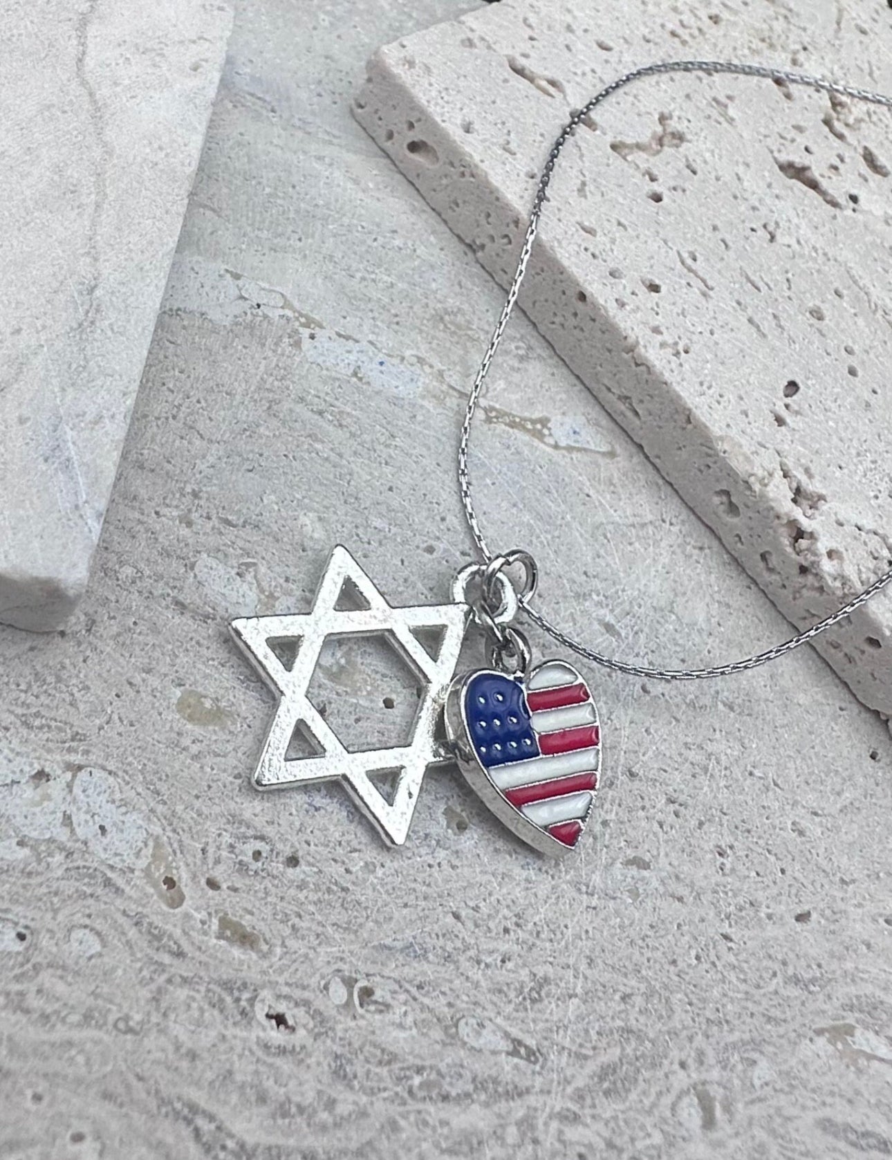 Silver Magen David Star of David and American Flag Heart Charm Necklace , 16’ 0.6mm Chain