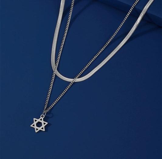 Double Layer Star of David Necklace Silver Stainless Steel