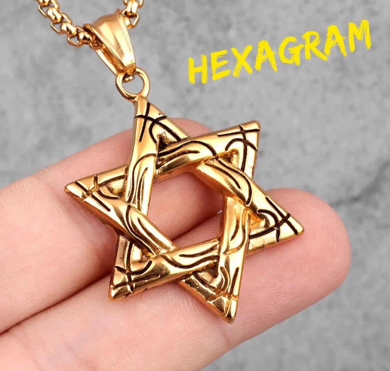 Stainless Steel Necklace Star of David for Men Gold 60 cm length