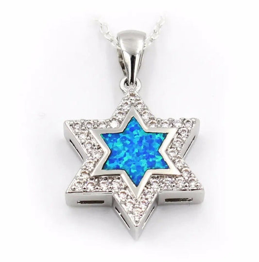 Blue Magen David Fire Opal Stone with Crystals Necklace Star of David