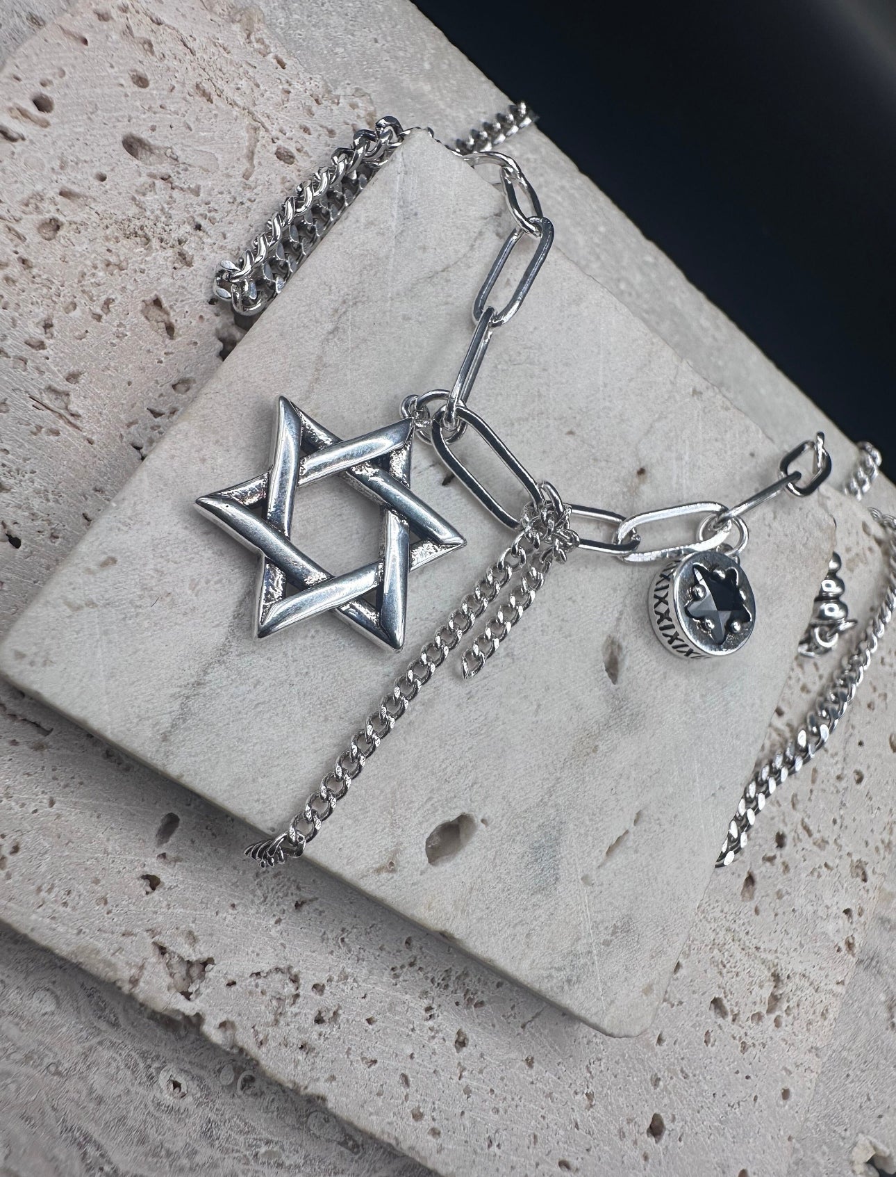 Silver Magen David Star of David with Black Star and Chain Pendant Necklace