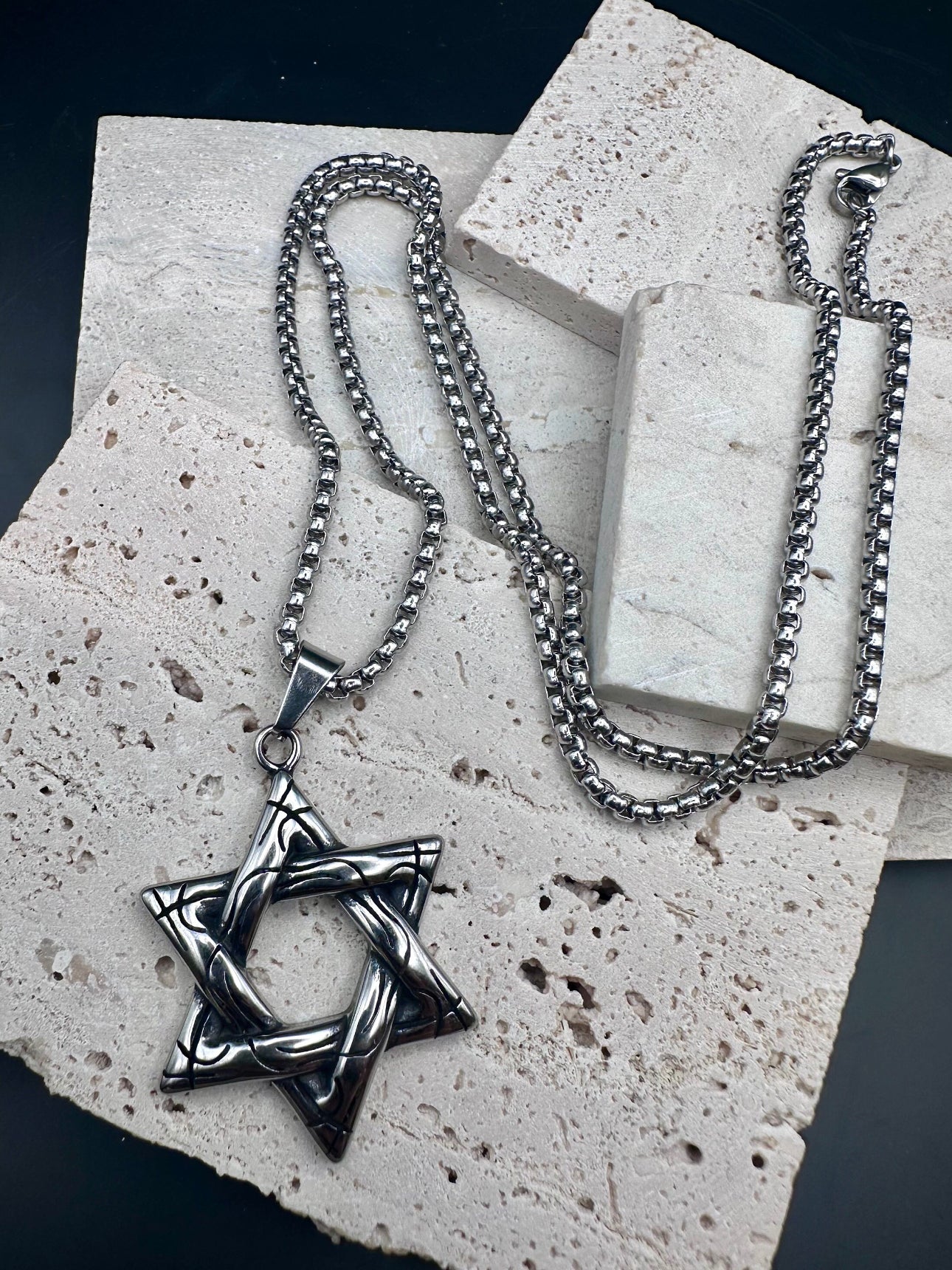 Stainless Steel Necklace Star of David for Men Silver 60 cm length