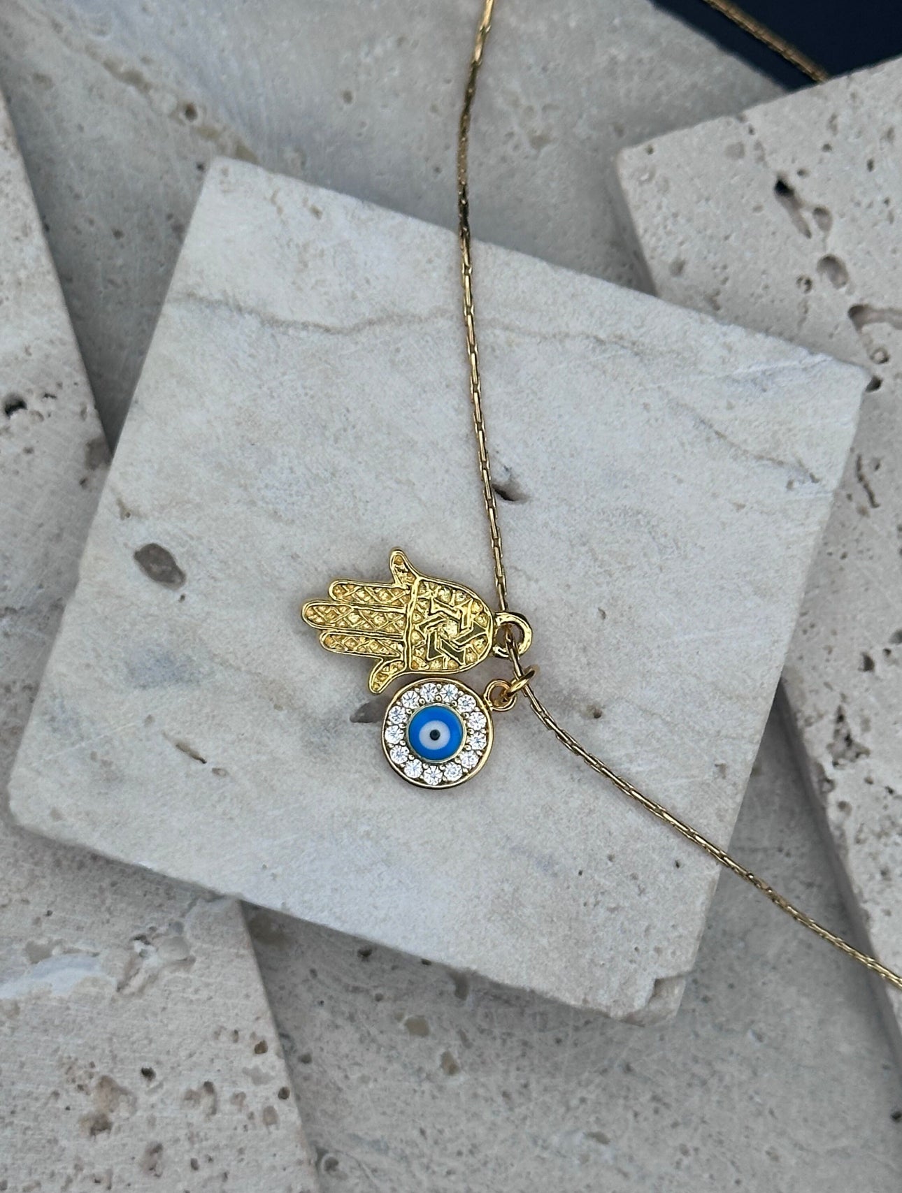 Gold Hamsa with Star of David and Gold, Diamond Evil Eye Charm Necklace / Choker , length adjustable chain