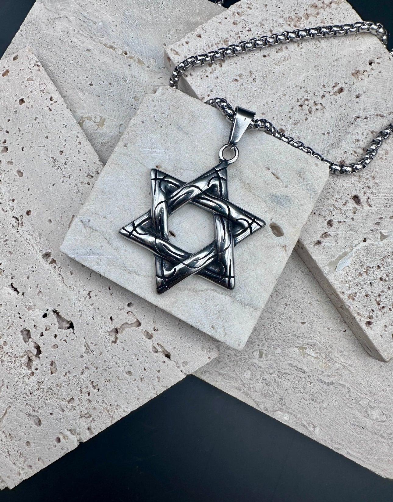 Stainless Steel Necklace Star of David for Men Silver 60 cm length