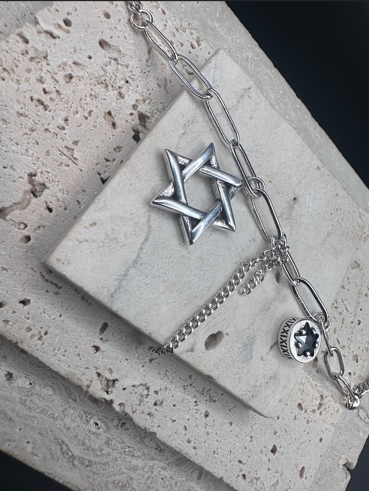 Silver Magen David Star of David with Black Star and Chain Pendant Necklace