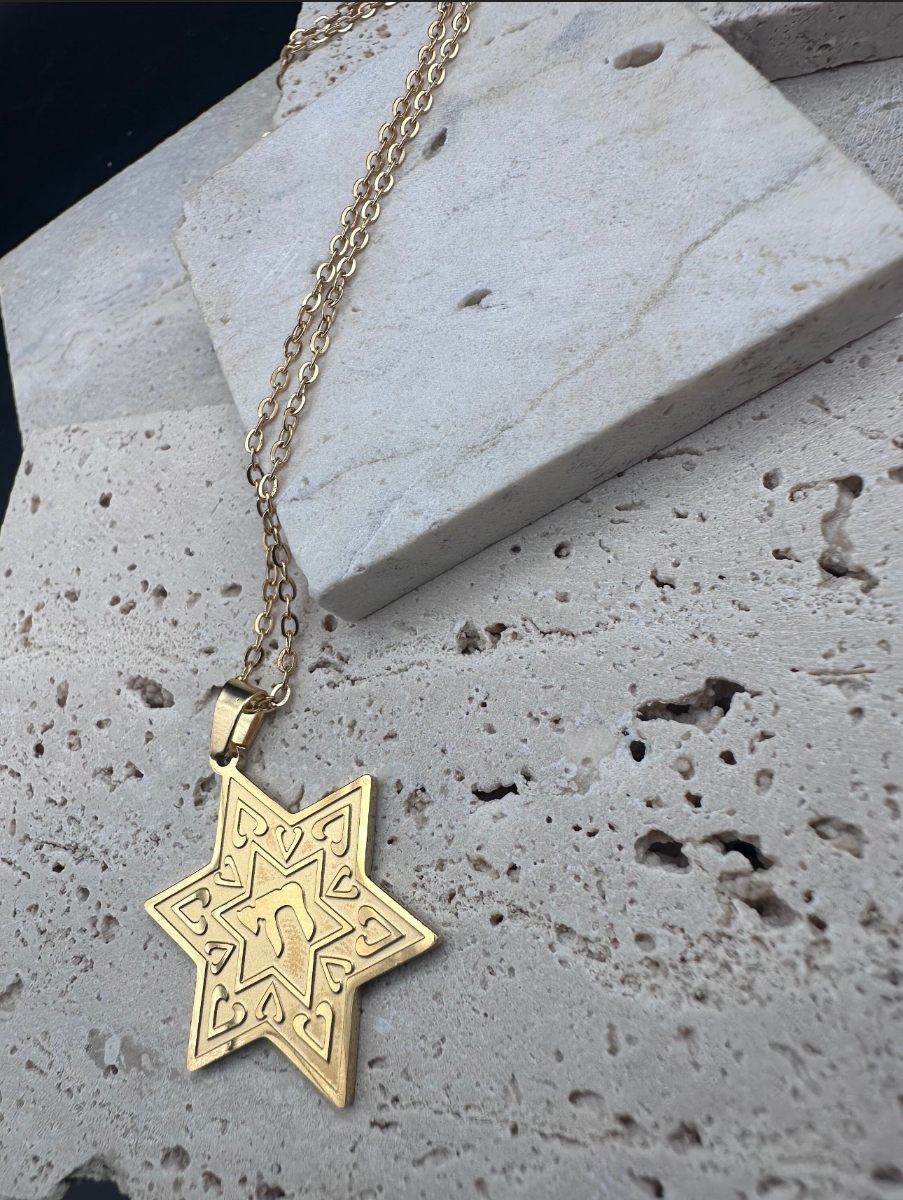 Star of David Chai Hai Pendant Necklace Stainless Steel Gold Color Israel Jewish Judaism