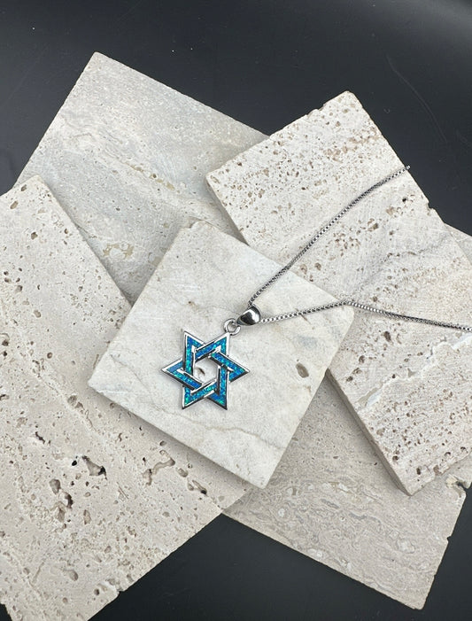 Blue Magen David Fire Opal Stone Necklace Star of David