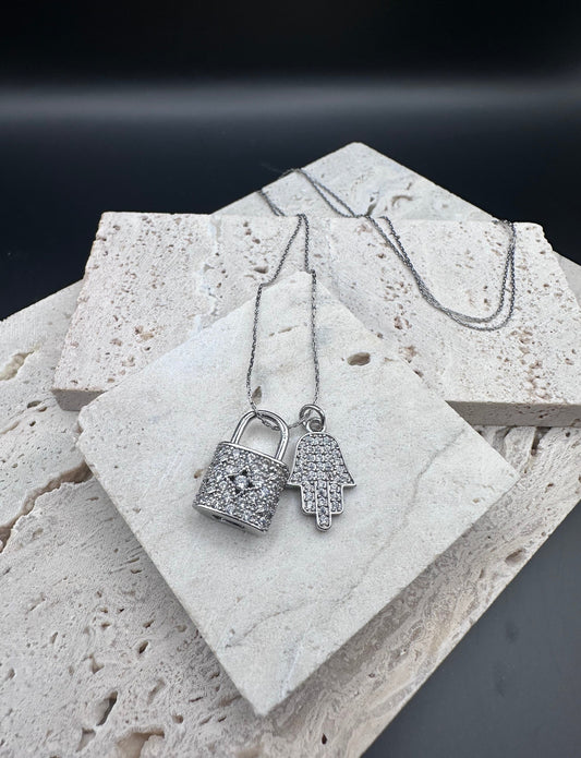 Silver Diamond Lock and Hamsa Charm Necklace , 20’ Chain