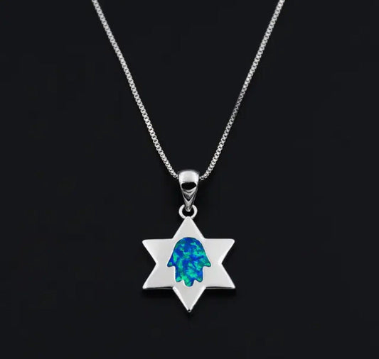 Blue Magen David Hamsa Fire Opal Stone Necklace Star of David