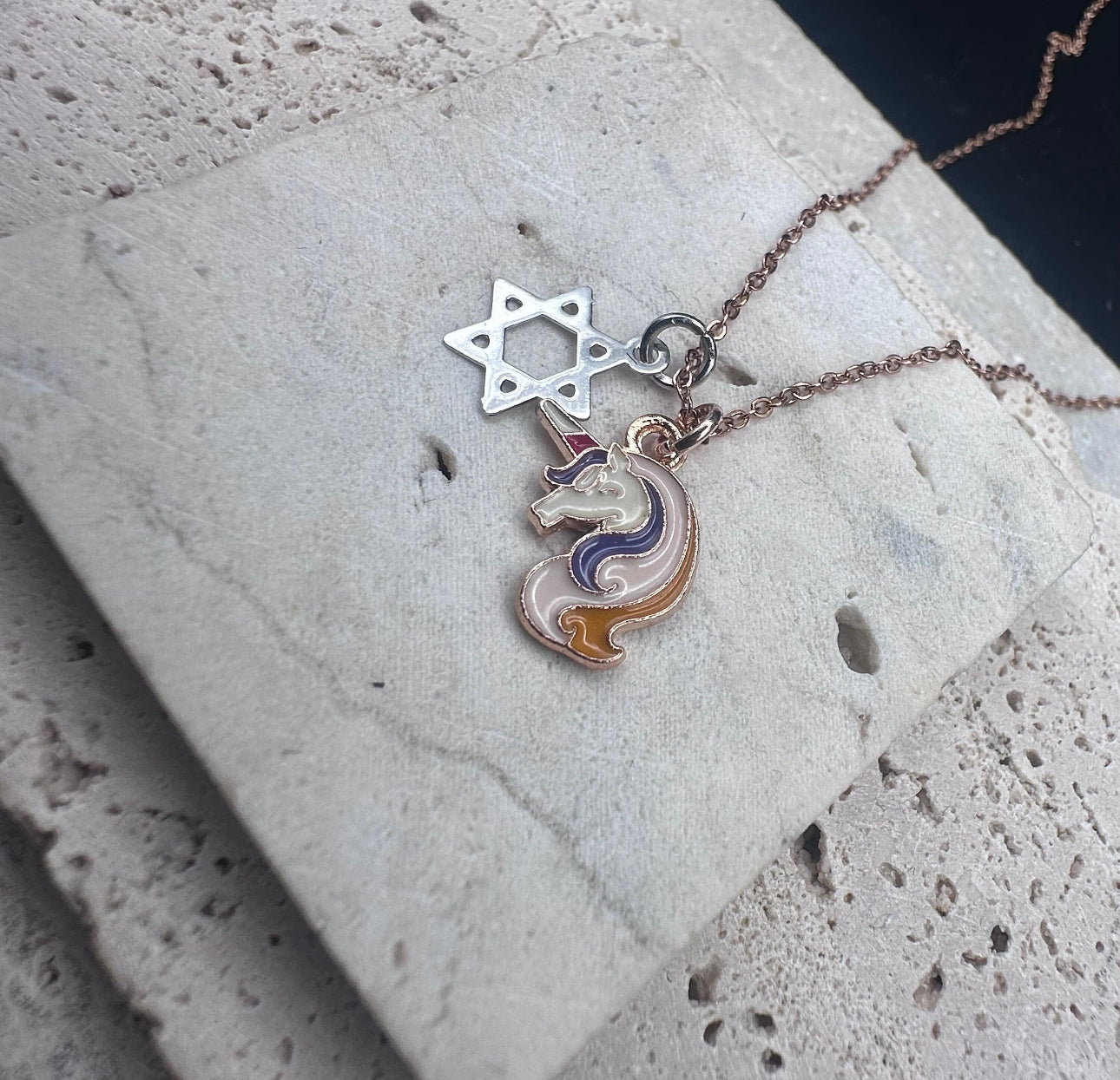 Rose Gold Rainbow Unicorn Magen David Star of David Kids Necklace / Choker , adjustable length chain