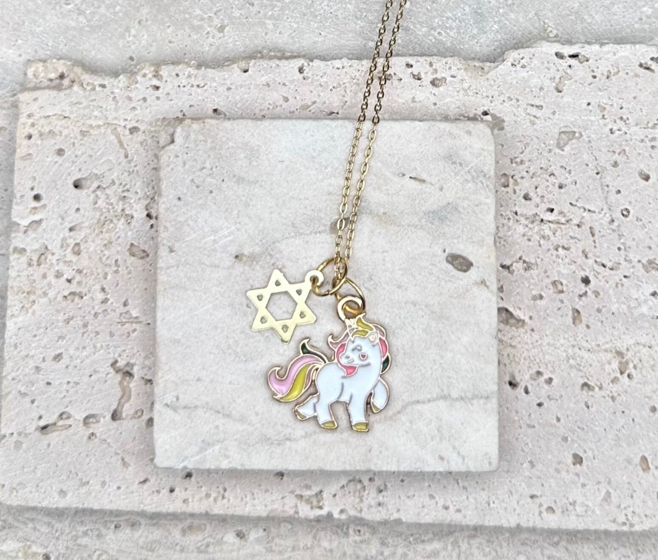 Gold Rainbow Unicorn Magen David Star of David Kids Necklace / Choker , adjustable length chain