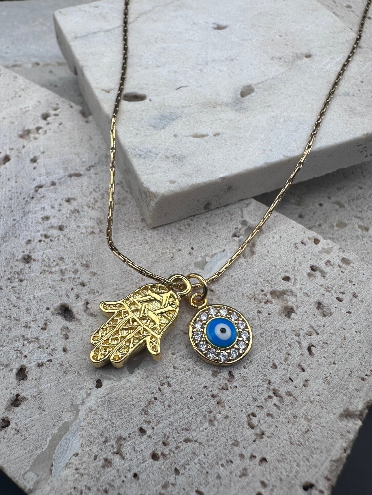 Gold Hamsa with Star of David and Gold, Diamond Evil Eye Charm Necklace / Choker , length adjustable chain