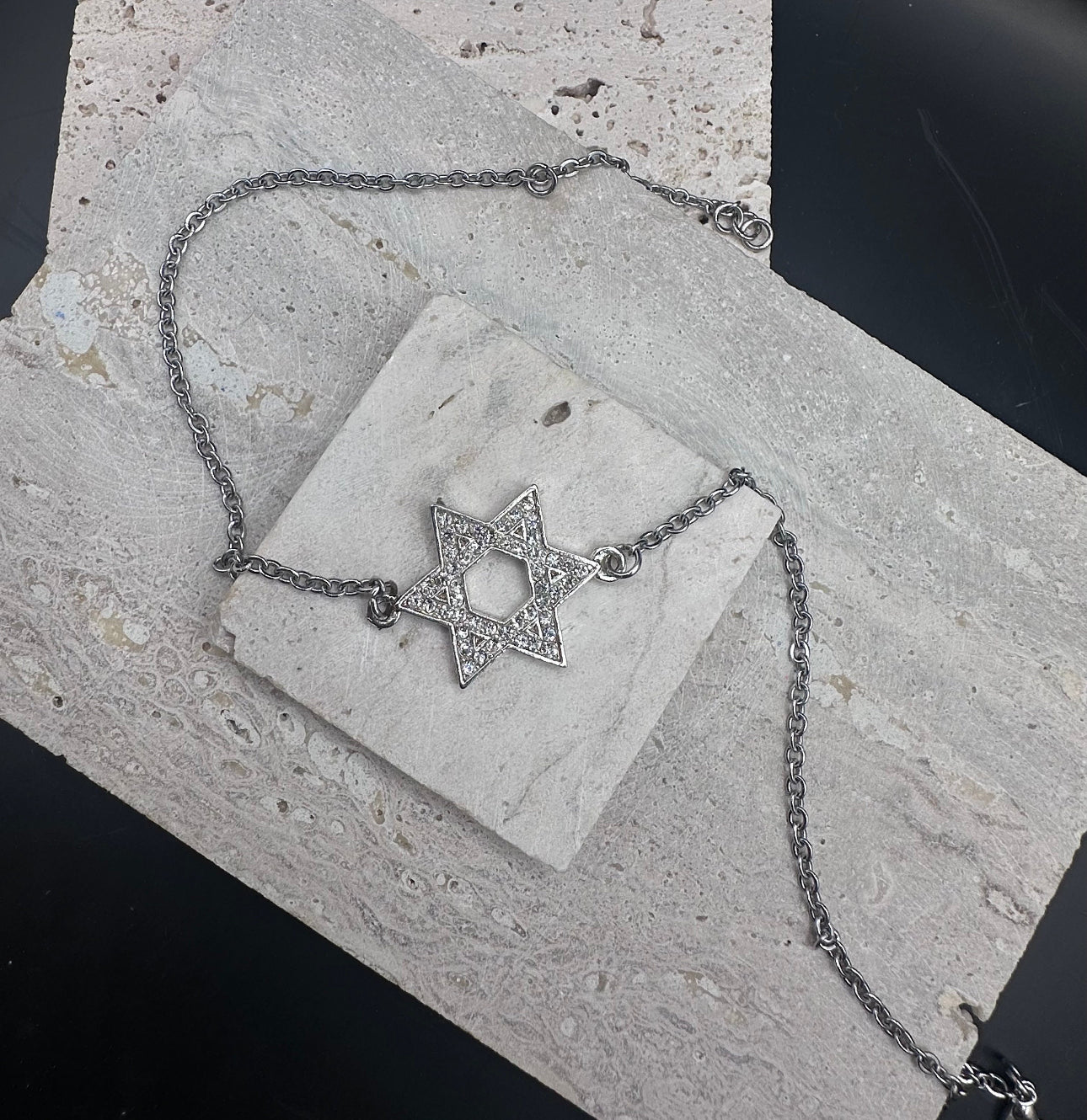 Silver Diamond Star of David Magen David Charm Choker Necklace