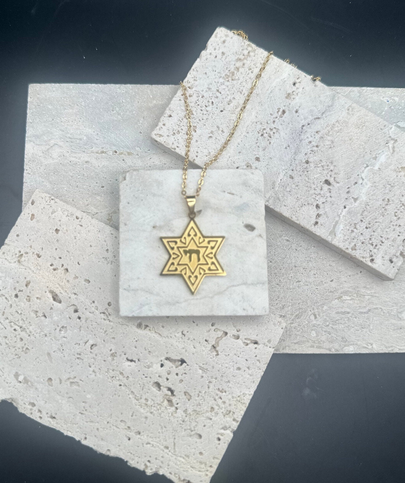 Star of David Chai Hai Pendant Necklace Stainless Steel Gold Color Israel Jewish Judaism