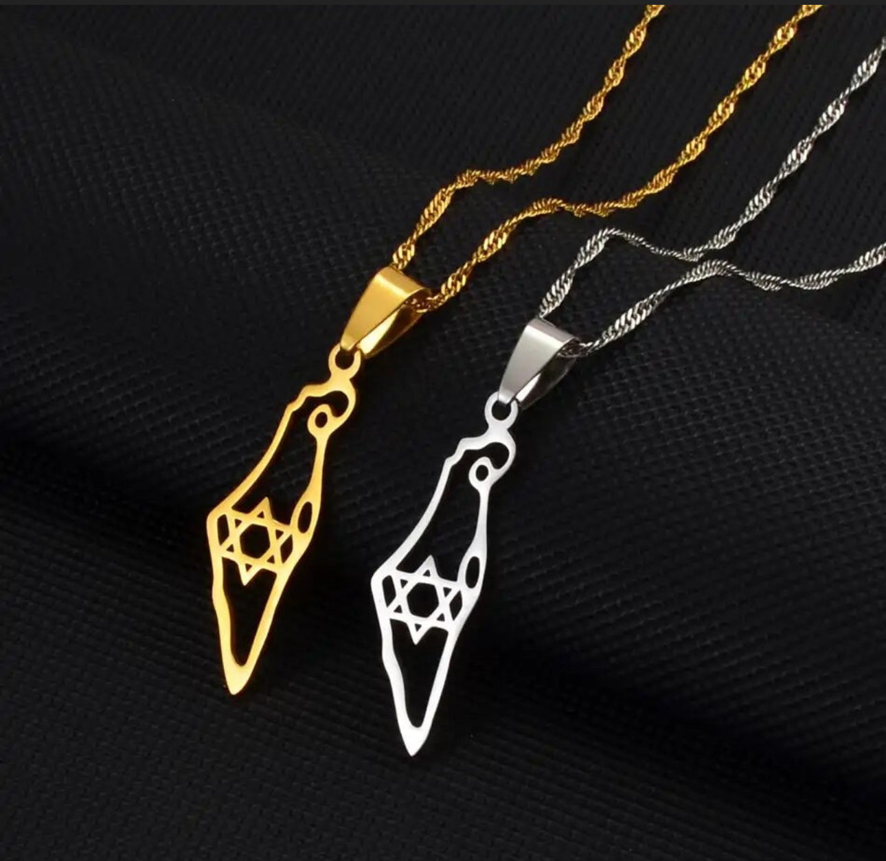 Women’s Silver Necklace , map of Israel with Jewish Star Magen David