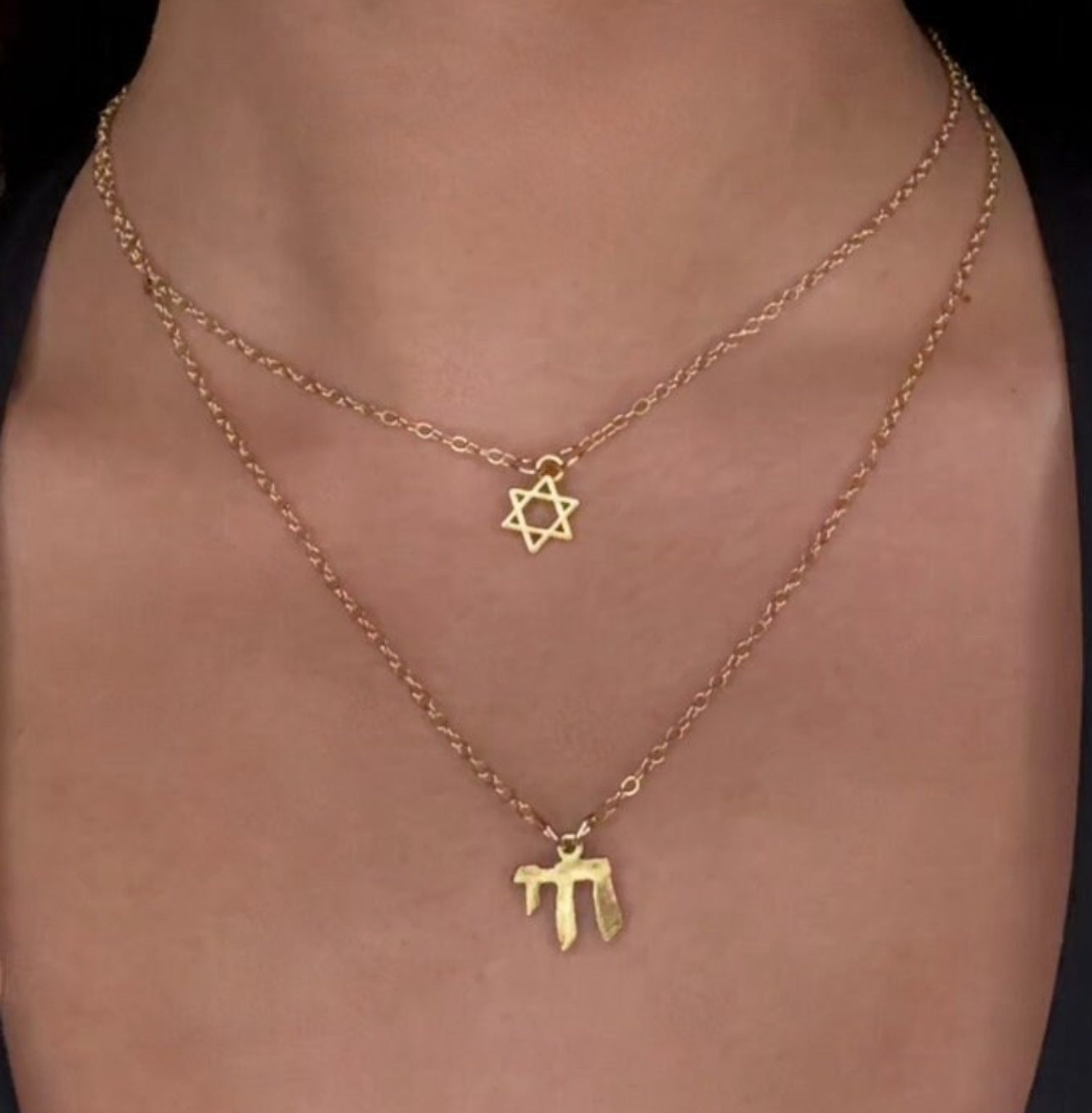 Gold Double Layer Magen David Star of David and Chai Hai Charm Necklace