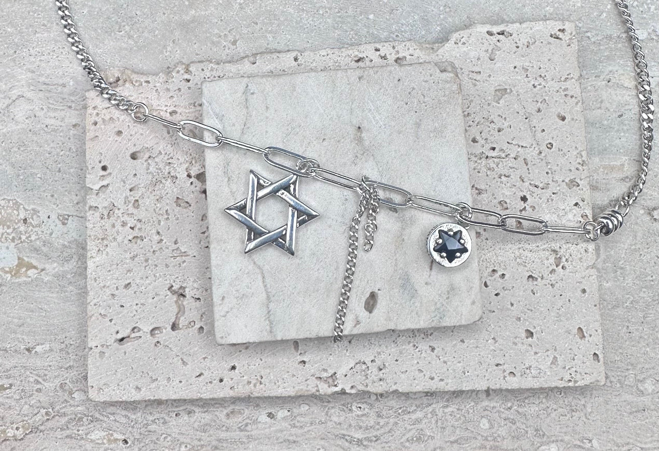 Silver Magen David Star of David with Black Star and Chain Pendant Necklace