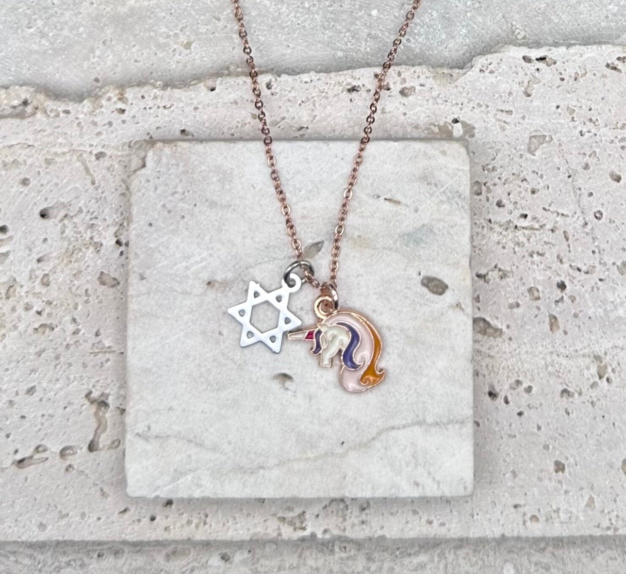 Rose Gold Rainbow Unicorn Magen David Star of David Kids Necklace / Choker , adjustable length chain