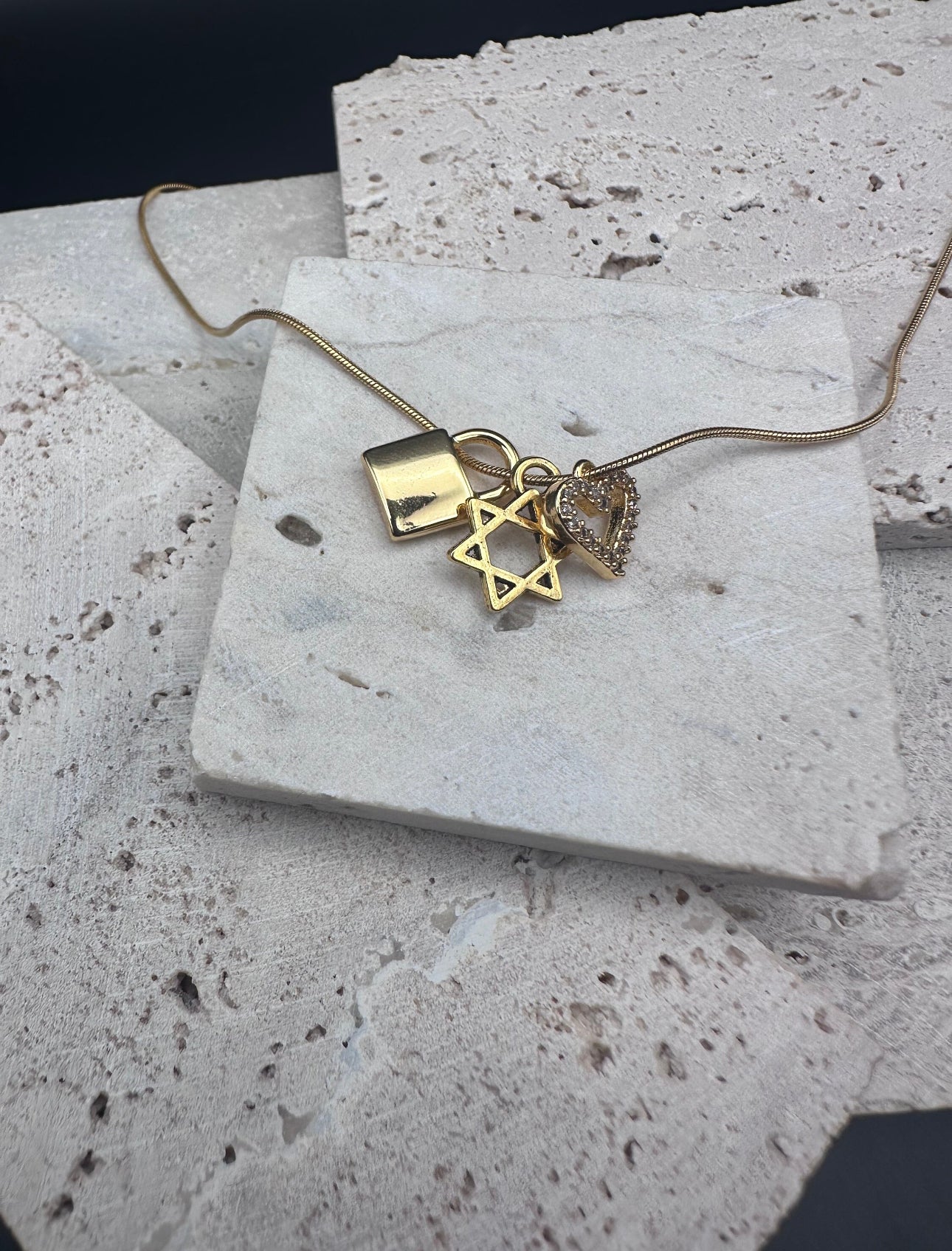 Gold Magen David Star of David , Diamond Heart and Lock Charm Necklace / Choker , length adjustable chain