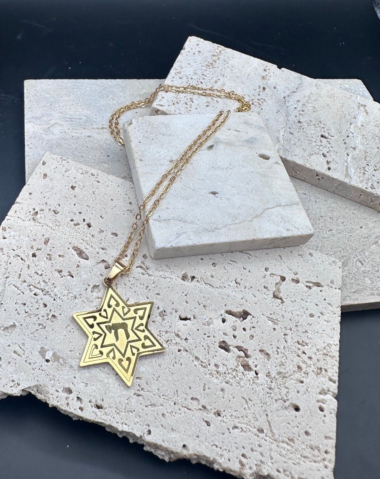 Star of David Chai Hai Pendant Necklace Stainless Steel Gold Color Israel Jewish Judaism