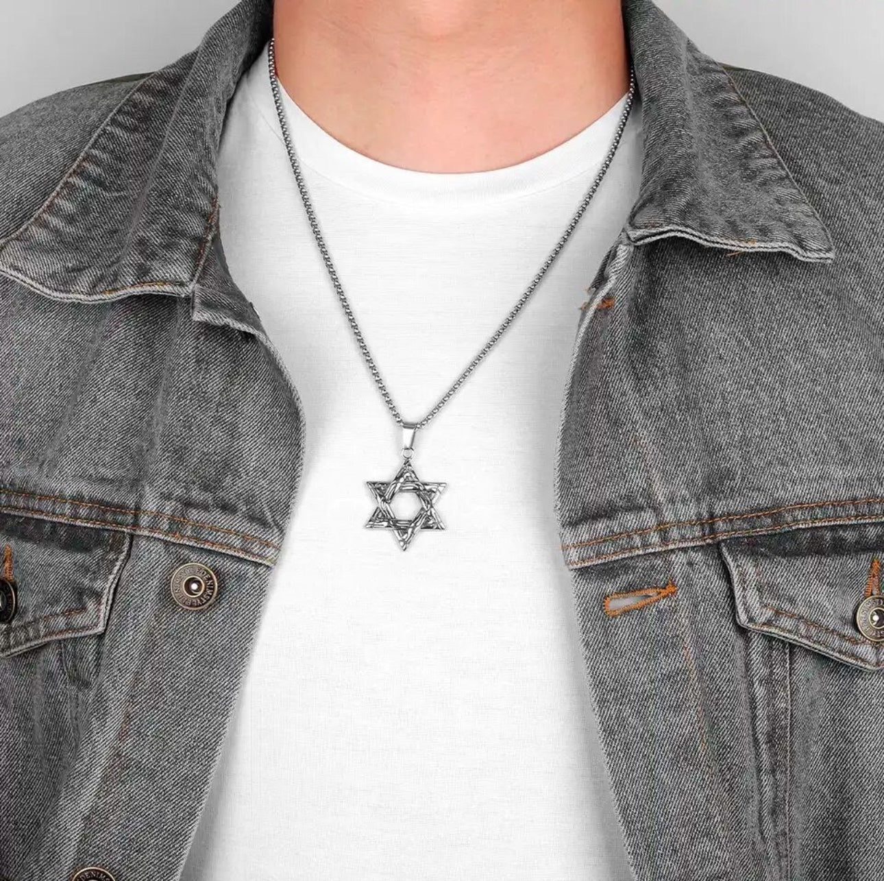 Stainless Steel Necklace Star of David for Men Silver 60 cm length