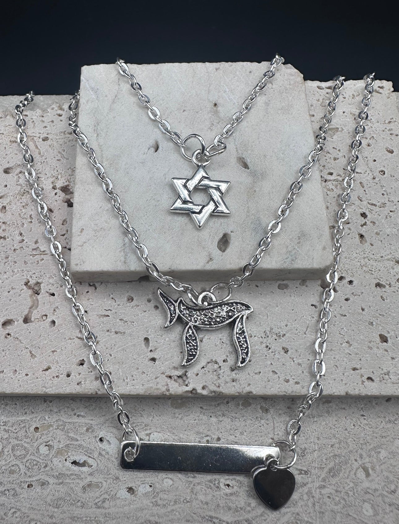 Triple Layer Silver Magen David Star of David , Hai / Chai , and Heart Pendants Necklace